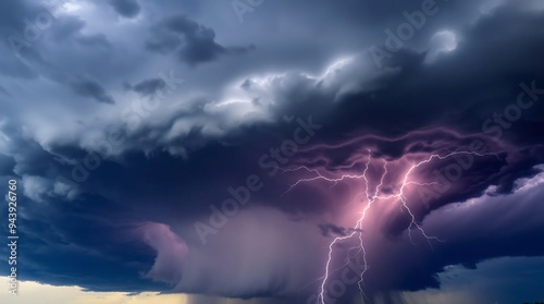 Incredible supercell thunderstorm with a dramatic, swirling sky full of dark, ominous storm clouds, intense lightning flashes illuminating the dense, rotating mass of the supercell