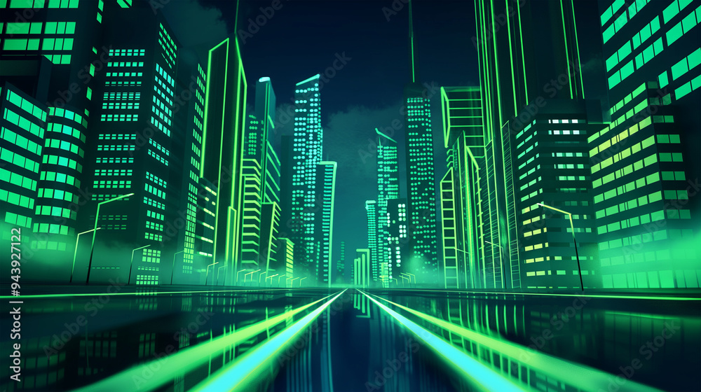 The Night city street with road and green neon, game background, Illustration The Night city street with road and green neon, game background, Illustration