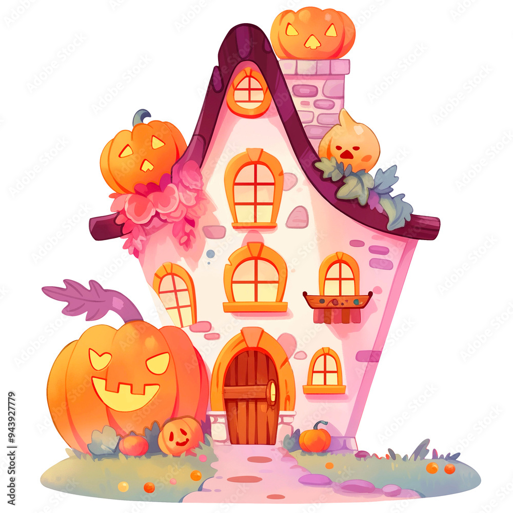 Whimsical Halloween House with Pumpkins and Festive Decorations. Whimsical Halloween House with Pumpkins and Festive Decorations.