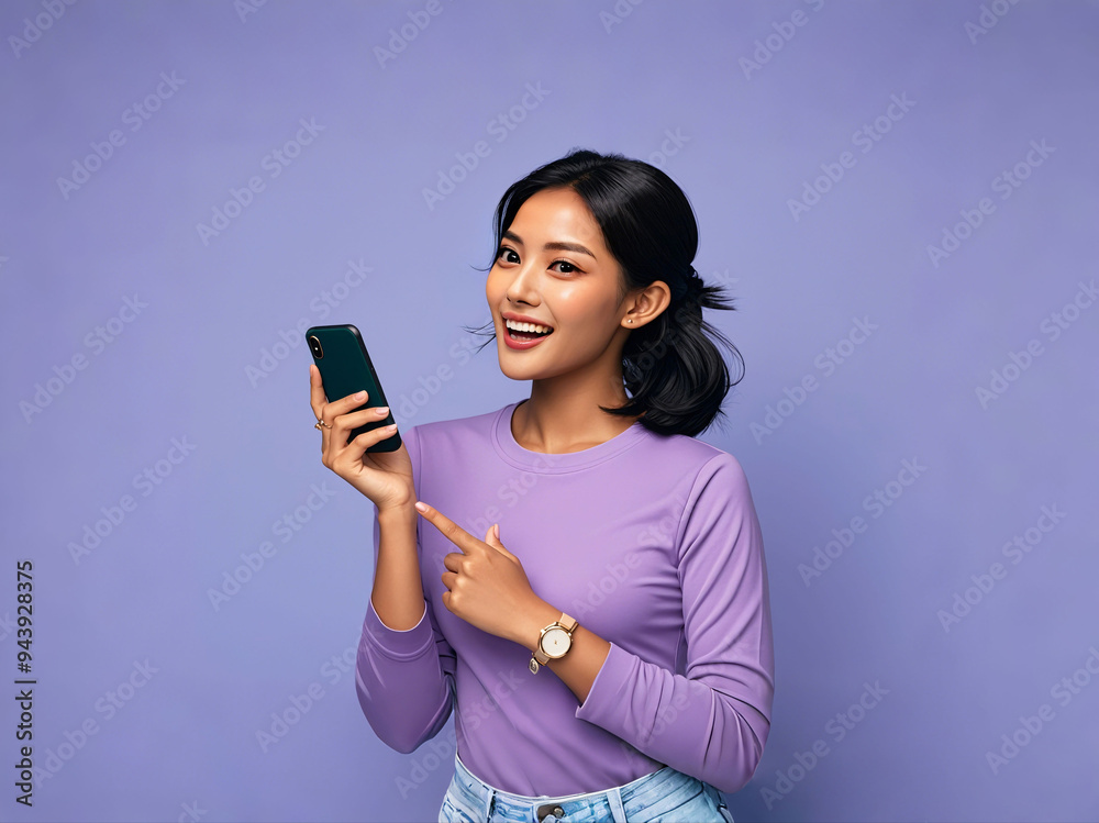 Asian women smile holding a phone and other hand pointed into it Asian women smile holding a phone and other hand pointed into it