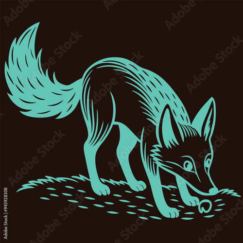 Curious Fox Sniffing Ground in Serene Forest - Silhouette Vector Art