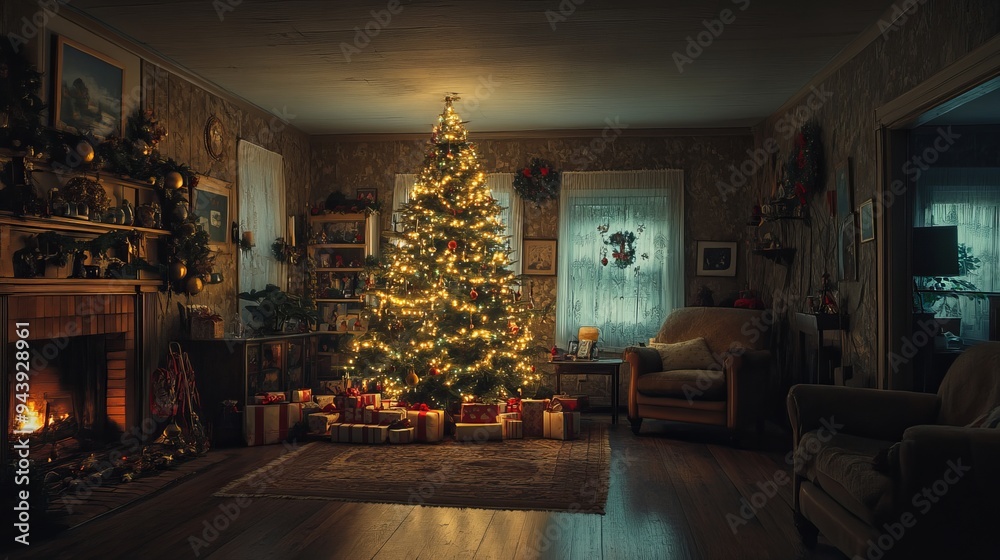 Fototapeta premium A cozy living room decorated for Christmas with a glowing tree and presents