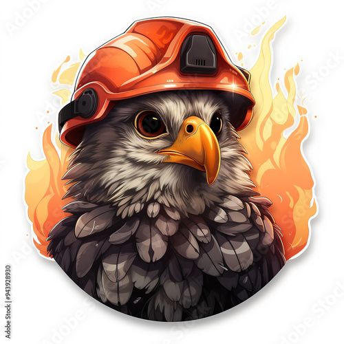 An illustration of a fierce eagle wearing a firefighter's helmet in front of a backdrop of flames. photo