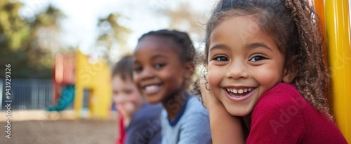 Happy Young Girl with Two Friends on a Playground