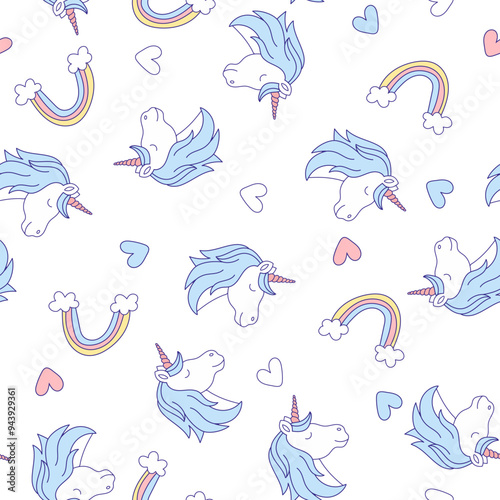 Cute children's background with a cute unicorn. Seamless pattern with rainbow and unicorn.