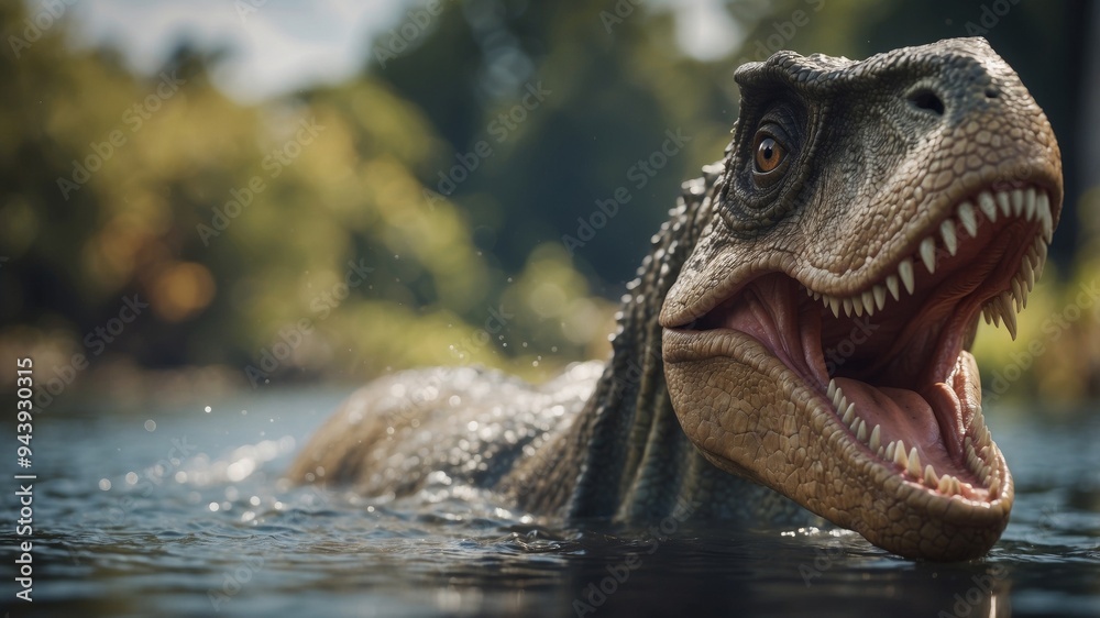 Naklejka premium A close-up of a dinosaur in water with its mouth agape.