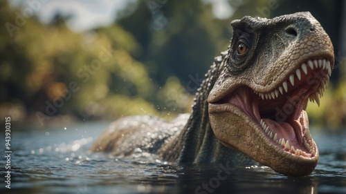 Fototapeta Naklejka Na Ścianę i Meble -  A close-up of a dinosaur in water with its mouth agape.