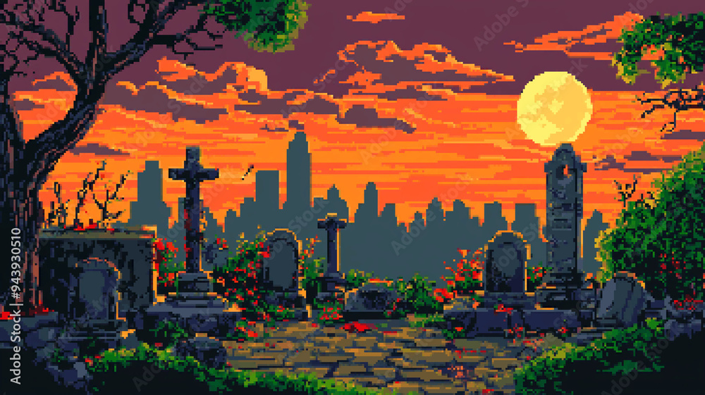8bits pixel art of an old cemetery with gothic ruins and a city skyline in the background 8bits pixel art of an old cemetery with gothic ruins and a city skyline in the background