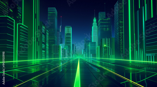 The Night city street with road and green neon, game background, Illustration