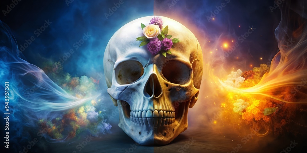 Juxtaposed Harmony: Contrasting elements of peace and death, ethereal glow, symbolic skull Juxtaposed Harmony: Contrasting elements of peace and death, ethereal glow, symbolic skull