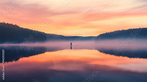 Lone traveler witnessing the first light of dawn over a serene lake, with soft colors in the sky.