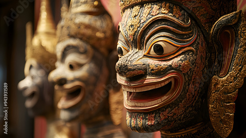 A golden Indian god mask sculpture on a wall, blending ancient religion and traditional art