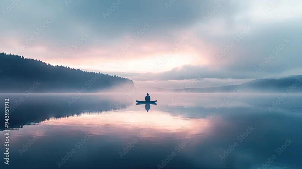 Fototapeta premium Lone traveler witnessing the first light of dawn over a serene lake, with soft colors in the sky.
