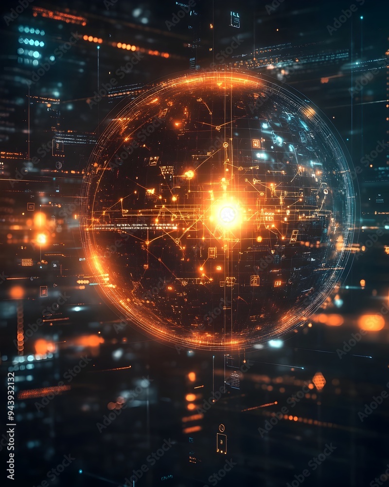 Obraz premium Glowing Orb Surrounded by Mathematical Formulas Symbolizing Future Tech