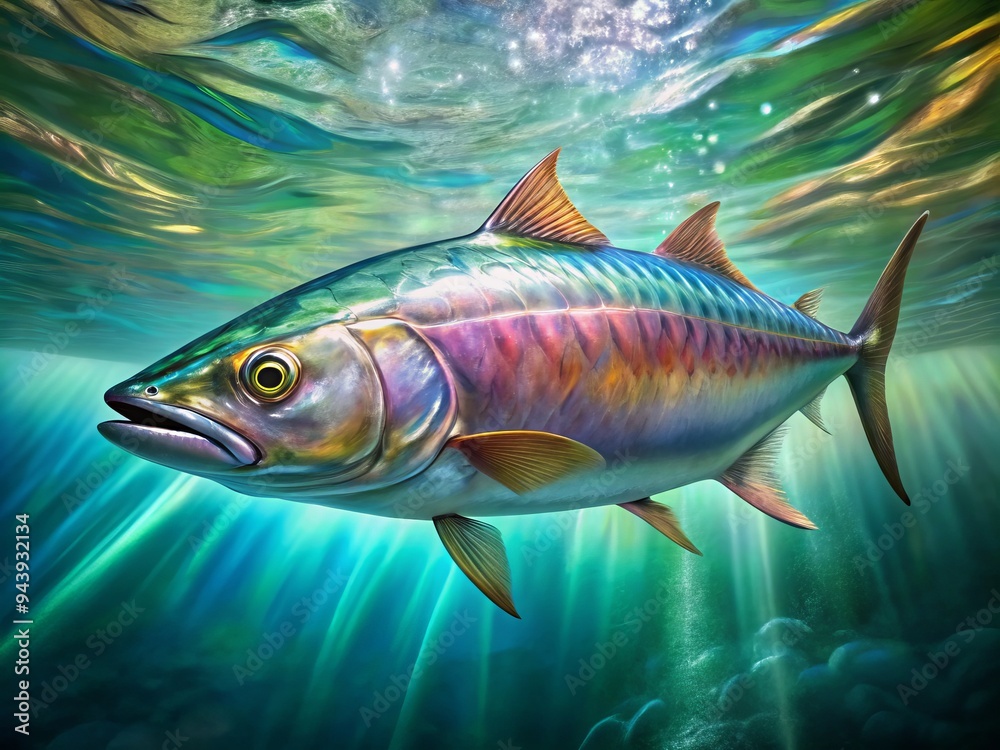 Liquid Glamour: Silky smooth textures, flowing water, and the iridescent scales of the kingfish, conveying a sense of fluidity and elegance