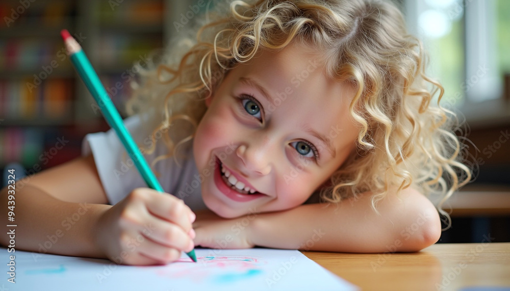 Little girl learns to draw, drawing with color pencil in an art class, in elementary school Little girl learns to draw, drawing with color pencil in an art class, in elementary school