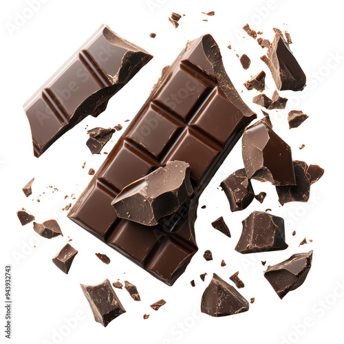 Delicious dark chocolate pieces scattered around, perfect for indulgence, baking, or decoration. A treat for chocolate lovers.