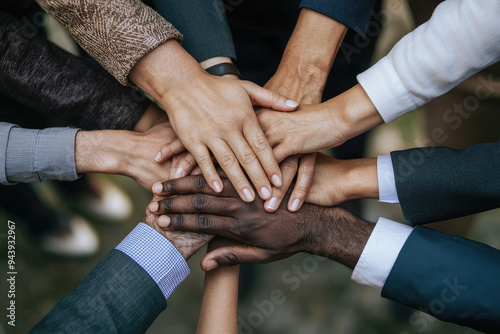 A Powerful Moment of Unity: Diverse Hands Coming Together in Solidarity for a Common Goal and Shared Triumph