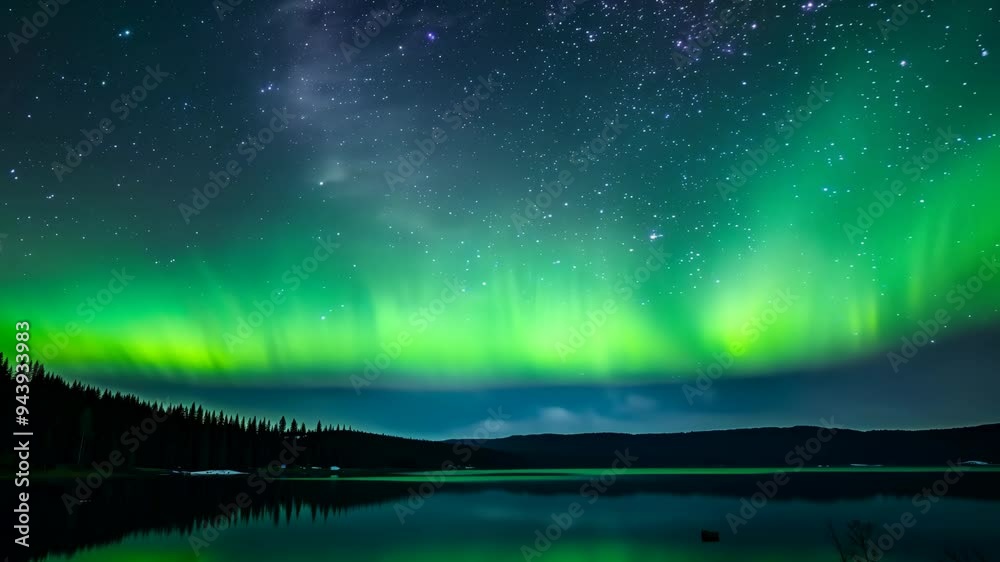 Captivating display of northern lights illuminating the night sky over a tranquil lake in autumn Captivating display of northern lights illuminating the night sky over a tranquil lake in autumn