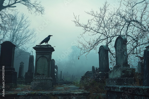 Eerie Twilight in a Foggy Cemetery: A Raven Perches Amidst Ancient Tombstones Under a Haunting Atmosphere photo
