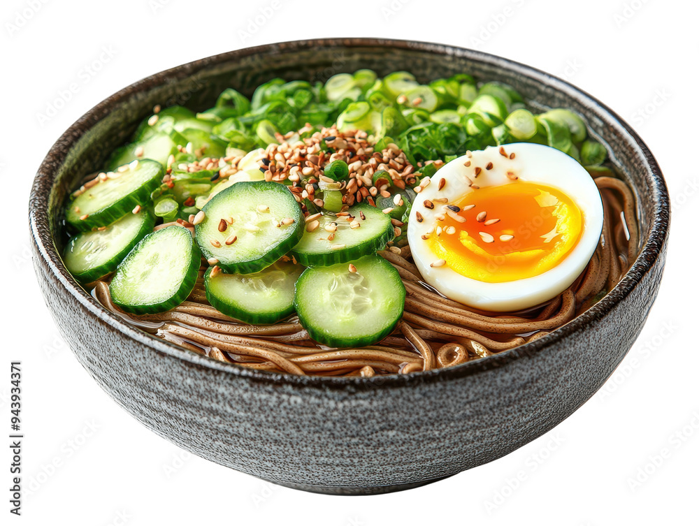 A delicious bowl of soba noodles topped with cucumber, green onion, sesame seeds, and a perfectly cooked egg. A delicious bowl of soba noodles topped with cucumber, green onion, sesame seeds, and a perfectly cooked egg.