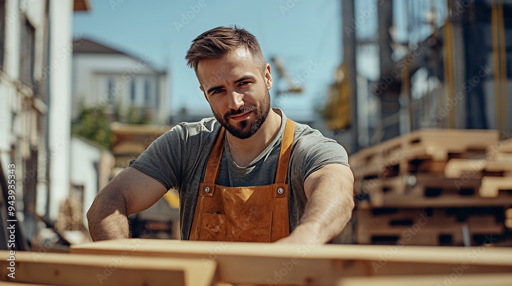 Obraz premium A skilled worker in an apron focuses on woodworking in a busy industrial setting.