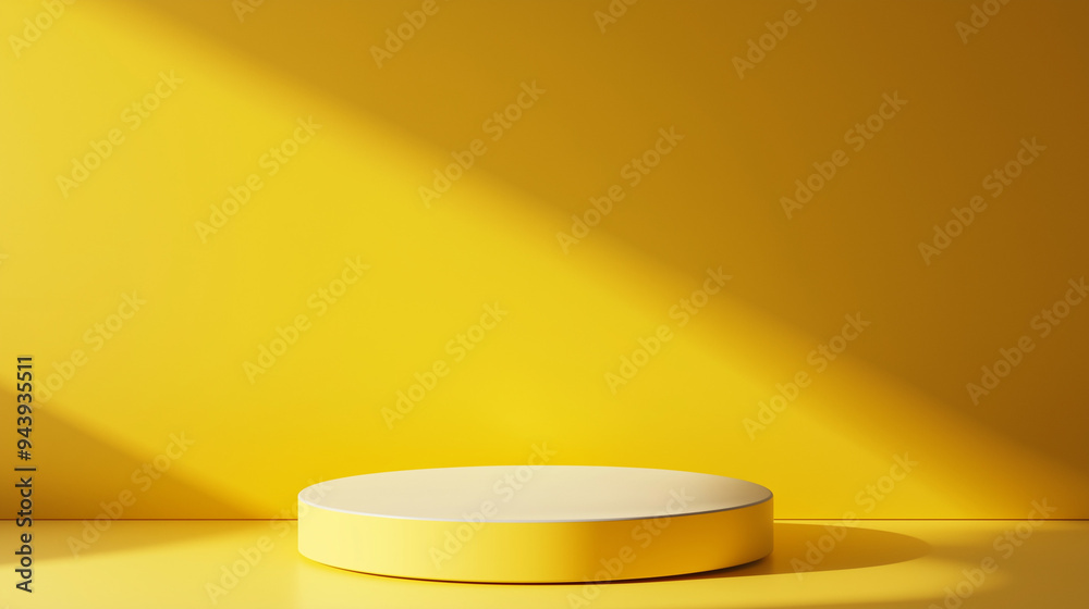 Product space on yellow 3d stand, minimalist scene with geometric podium platform. Advertising display and product support. Stage, showcase on pedestal.