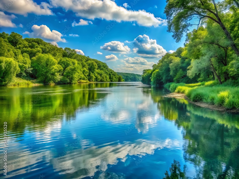 Fototapeta premium Mississippi Reverie: Tranquil, serene, soft blue and green, flowing river scene.