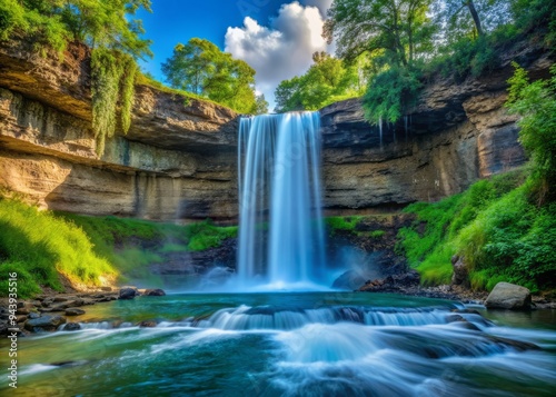 Minnehaha Falls Symphony: Powerful, majestic, aqua blue and white, cascading waterfall.