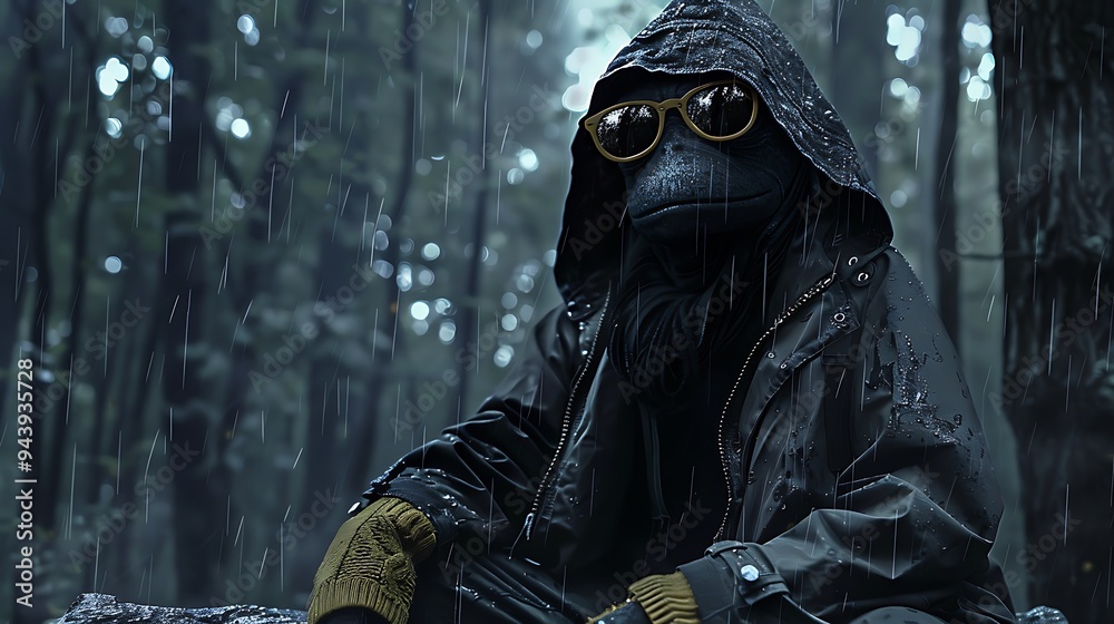A microbial character sits in the rainy trees wearing sunglasses and a coat A microbial character sits in the rainy trees wearing sunglasses and a coat