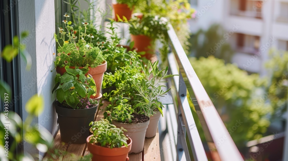 Fototapeta premium Urban Oasis - Lush Potted Plants and Herbs Transforming a Residential Balcony into a Private Garden Haven
