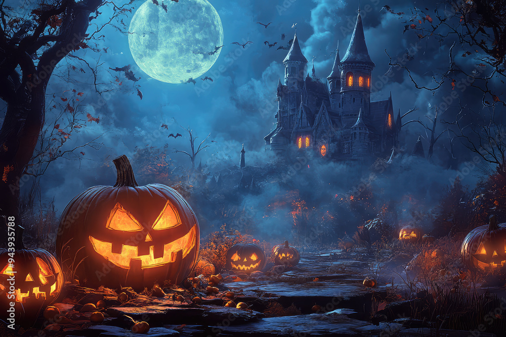 A Spooky Halloween Night: Glowing Jack-o'-Lanterns Light Up a Mysterious Pumpkin Patch Under a Full Moon A Spooky Halloween Night: Glowing Jack-o'-Lanterns Light Up a Mysterious Pumpkin Patch Under a Full Moon