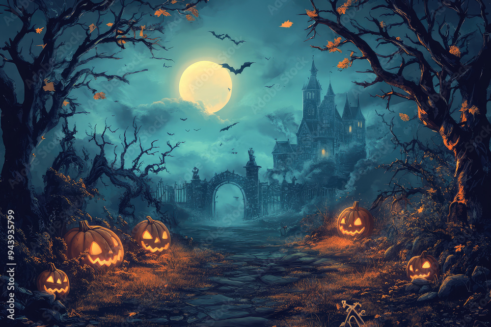 A Spooky Halloween Night: Navigate Through Shadows and Pumpkins under the Pale Moonlit Sky Filled with Bats and Mystery A Spooky Halloween Night: Navigate Through Shadows and Pumpkins under the Pale Moonlit Sky Filled with Bats and Mystery