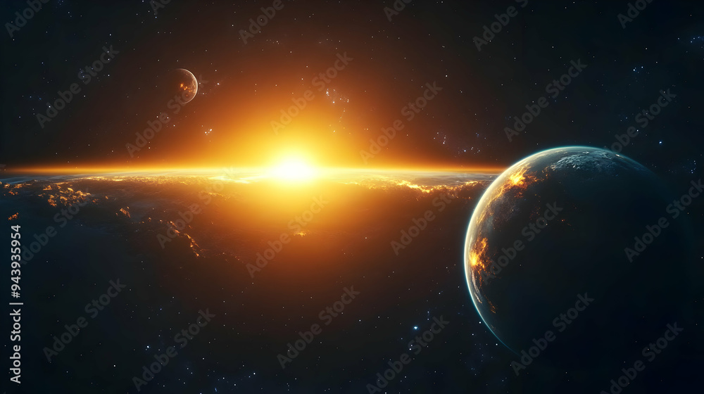 Obraz premium Sunrise over a planet in space with a crescent moon.