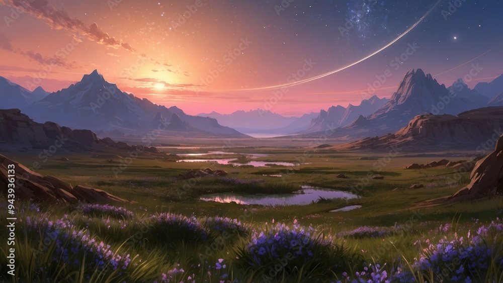 Panoramic wallpaper wonderful landscape meadows and cosmic sky Panoramic wallpaper wonderful landscape meadows and cosmic sky