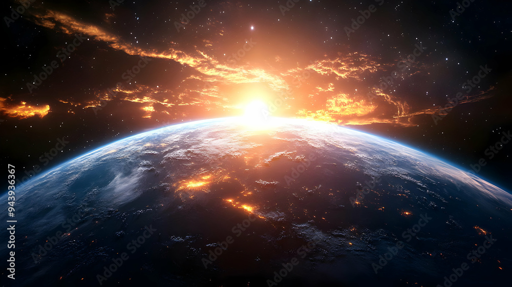 Sunrise over Earth as seen from space with clouds and stars. Sunrise over Earth as seen from space with clouds and stars.