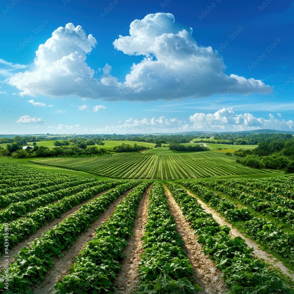 A picturesque view of lush green fields under a bright blue sky with fluffy clouds, capturing the beauty of nature's landscapes. A picturesque view of lush green fields under a bright blue sky with fluffy clouds, capturing the beauty of nature's landscapes.