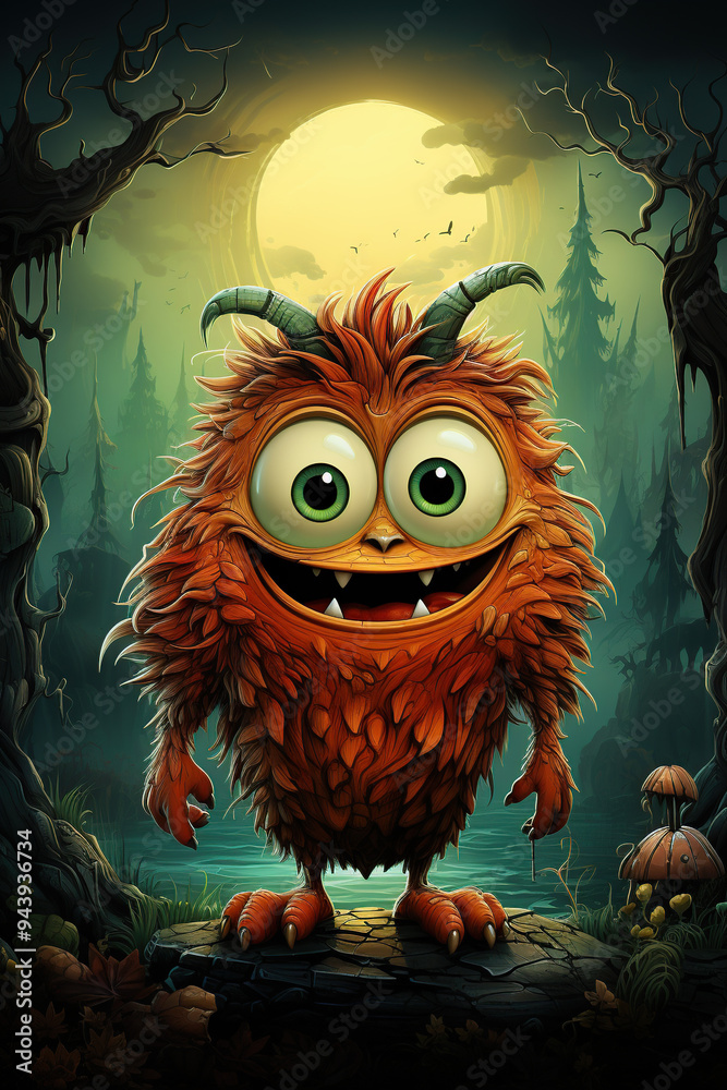 A friendly orange monster with horns and big eyes is standing in a spooky forest at night. It looks like it is smiling and happy, although the setting is eerie. A friendly orange monster with horns and big eyes is standing in a spooky forest at night. It looks like it is smiling and happy, although the setting is eerie.