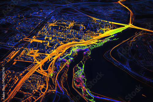 Technical aerial visual, 3D LiDAR GIS aerial map satellite scan model isolated, showing Sosnowiec, Poland. Elevation, topography, render photo