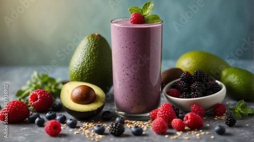 A colorful berry and avocado oil smoothie with avocado mixed berries almond milk and a sprinkle of hemp seeds perfect for a nutritious and delicious snack. photo