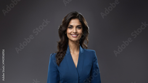 Mature Indian businesswoman exuding confidence and natural beauty. Brunette hair and flawless skin complement her warm smile
