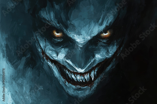 A chilling close-up reveals a sinister smile and haunting gaze, embodying pure malevolence in a captivating portrait.