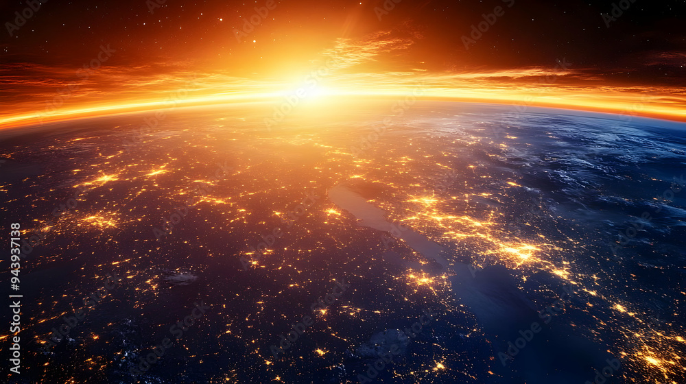 Sunrise over Earth with city lights glowing.