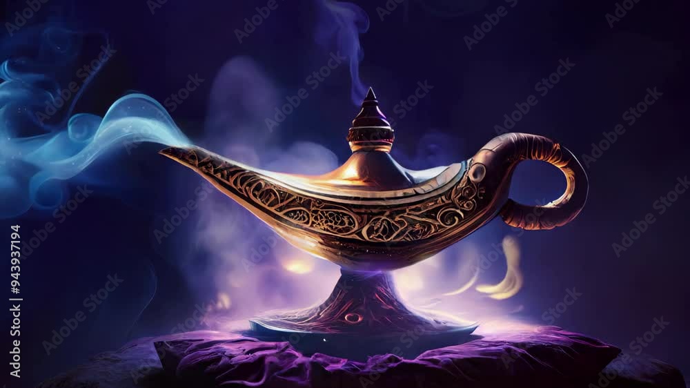 loop Genie's magic lamp emitting blue smoke standing on a red pillow