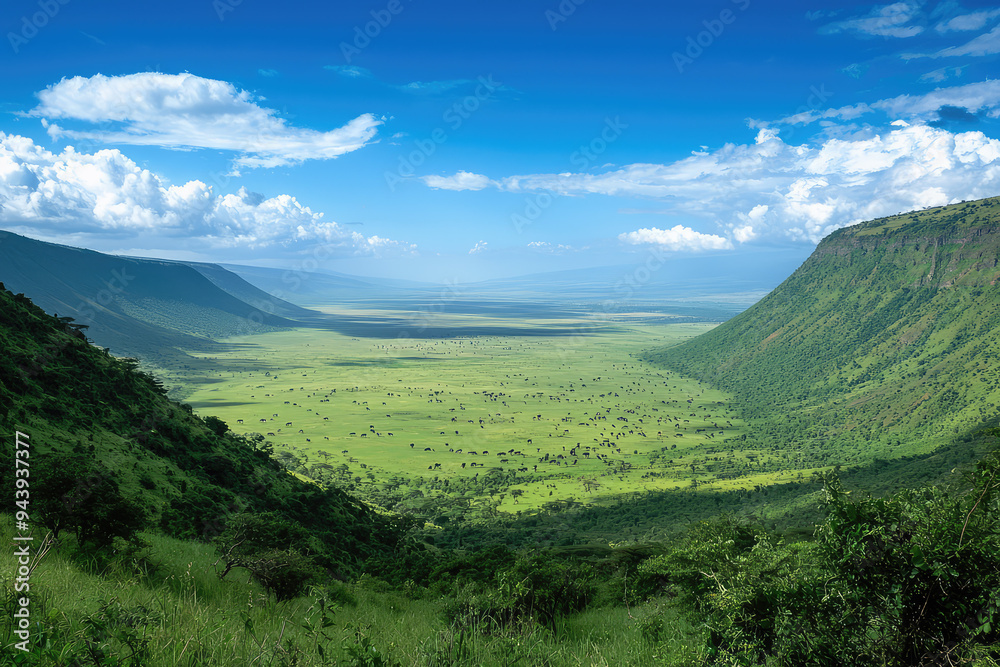 Naklejka premium Explore the breathtaking vastness of the Ngorongoro Crater, a natural wonder bounded by magnificent green hills and blue skies.