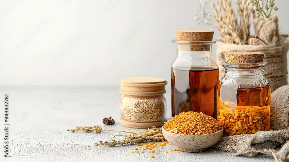 Aesthetic composition of natural ingredients in jars, showcasing oils, grains, and spices on a light background for culinary use.