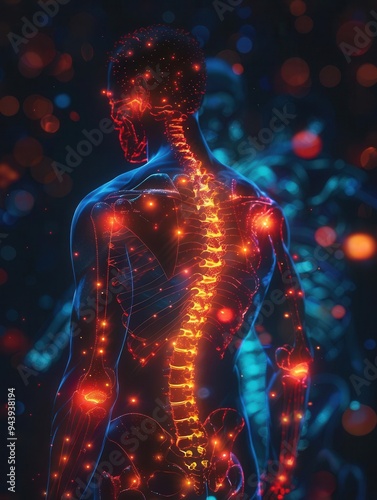 Human figure in 3D neon line art, highlighting back pain Bright lines tracing the spine, red neon marking pain points Front angle, dark background for sharp contrast