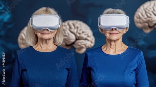 Two elderly women wearing virtual reality headsets, exploring the intersection of technology and cognitive health. photo