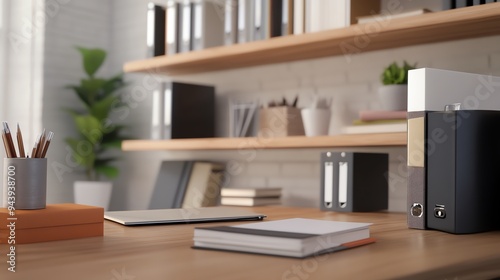 A modern office workspace featuring a clean desk with stationery, books, and organized storage for a productive environment.