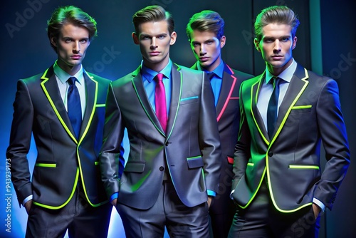 Neon Corporate Couture: Vibrant neon accents on sharp suits; futuristic, urban, sophisticated.